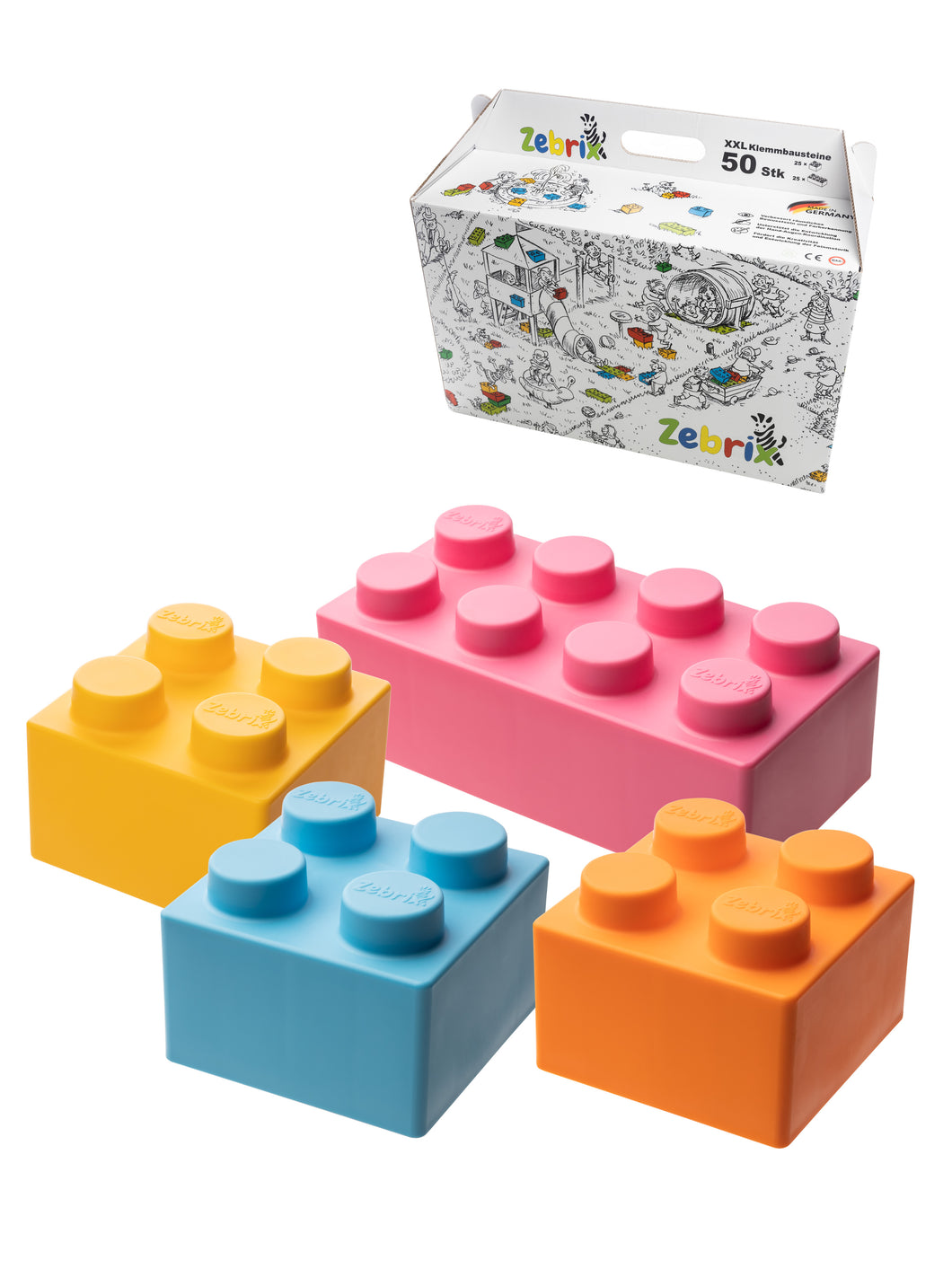 Zebrix XXL terminal blocks 4 special colors | pink, light blue, orange, yellow | Large building blocks 25, 50, 100 or 200 bricks